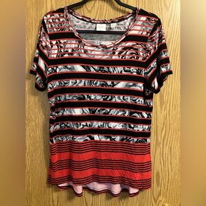 Rafaella Red and Black Patterned Short Sleeve Top Rounded Neckline Medium